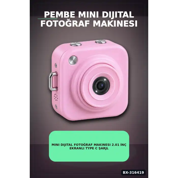 Mini Dijital Fotoğraf Makinesi 2.01 İnç Ekranlı Type C Şarjlı Pembe Kamera BX-316419