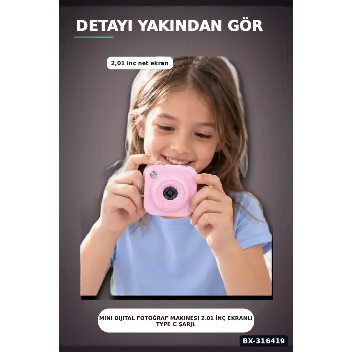 Mini Dijital Fotoğraf Makinesi 2.01 İnç Ekranlı Type C Şarjlı Pembe Kamera BX-316419