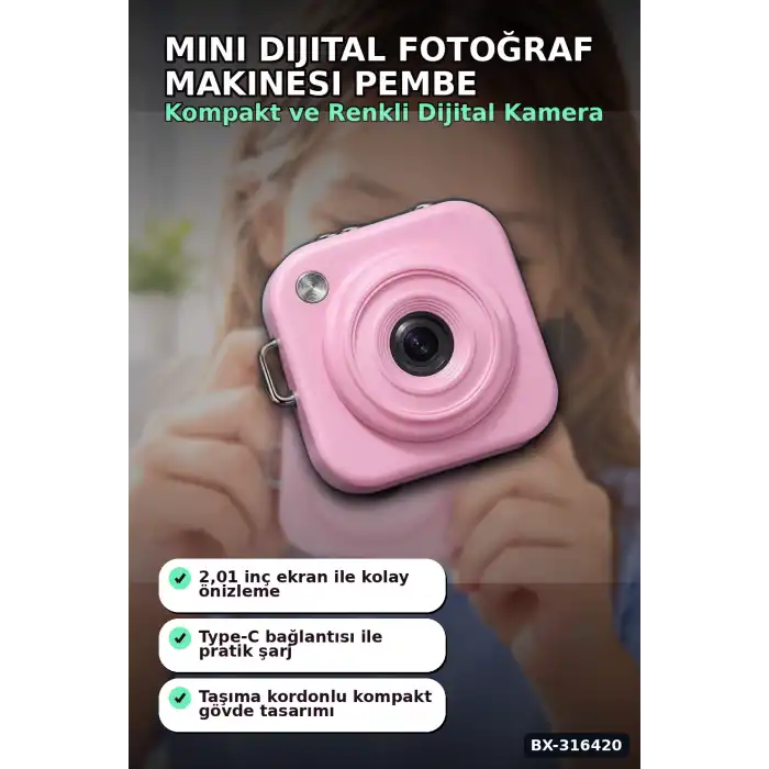 Mini Dijital Fotoğraf Makinesi 2,01 Inç Ekran Type C Şarj Pembe Cep Boy BX-316420