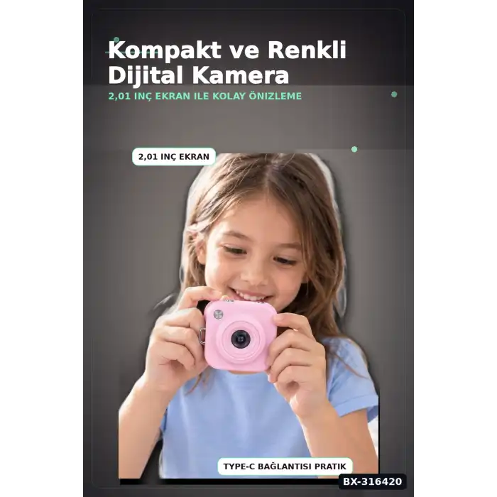 Mini Dijital Fotoğraf Makinesi 2,01 Inç Ekran Type C Şarj Pembe Cep Boy BX-316420