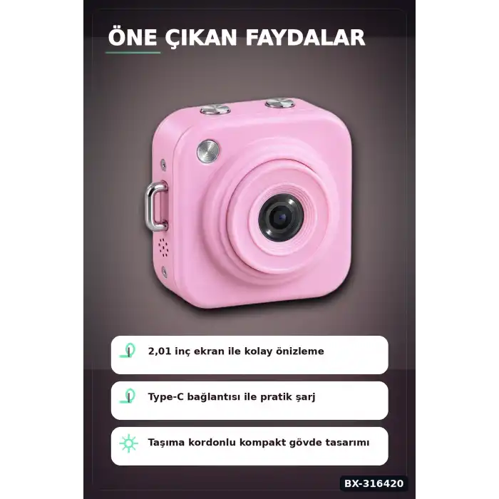 Mini Dijital Fotoğraf Makinesi 2,01 Inç Ekran Type C Şarj Pembe Cep Boy BX-316420