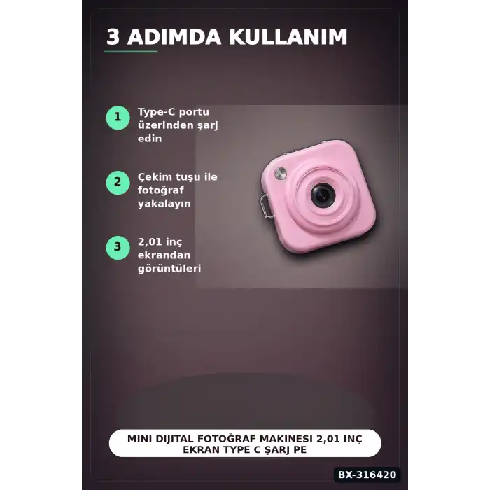 Mini Dijital Fotoğraf Makinesi 2,01 Inç Ekran Type C Şarj Pembe Cep Boy BX-316420