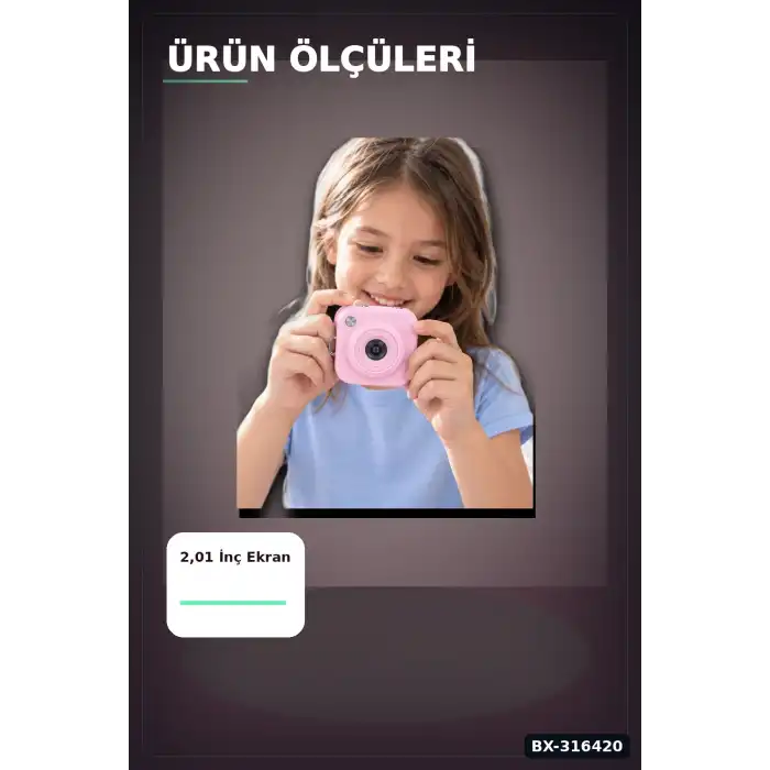 Mini Dijital Fotoğraf Makinesi 2,01 Inç Ekran Type C Şarj Pembe Cep Boy BX-316420