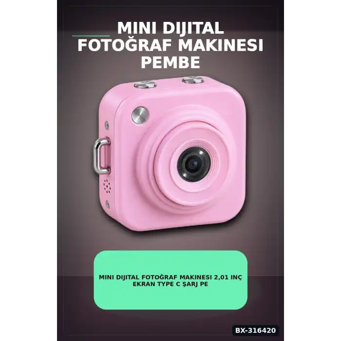 Mini Dijital Fotoğraf Makinesi 2,01 Inç Ekran Type C Şarj Pembe Cep Boy BX-316420
