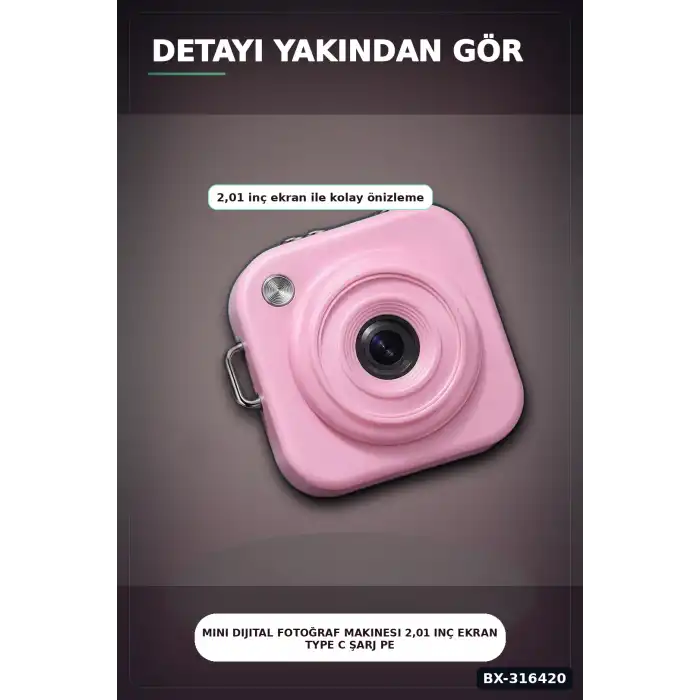 Mini Dijital Fotoğraf Makinesi 2,01 Inç Ekran Type C Şarj Pembe Cep Boy BX-316420