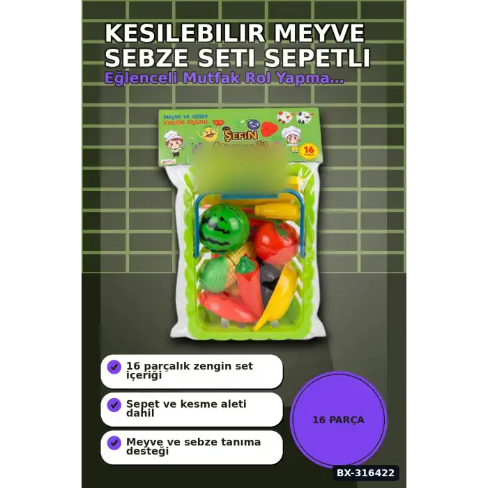 Kesilebilir Meyve Sebze Sepetli Oyun Seti - 16 Parça Eğitici Çocuk Oyuncak BX-316422