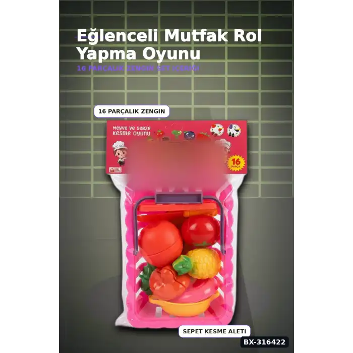 Kesilebilir Meyve Sebze Sepetli Oyun Seti - 16 Parça Eğitici Çocuk Oyuncak BX-316422