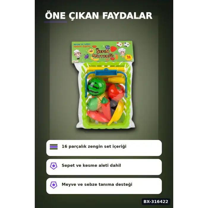 Kesilebilir Meyve Sebze Sepetli Oyun Seti - 16 Parça Eğitici Çocuk Oyuncak BX-316422