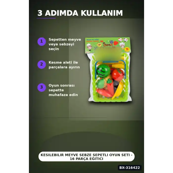 Kesilebilir Meyve Sebze Sepetli Oyun Seti - 16 Parça Eğitici Çocuk Oyuncak BX-316422