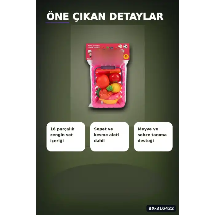 Kesilebilir Meyve Sebze Sepetli Oyun Seti - 16 Parça Eğitici Çocuk Oyuncak BX-316422