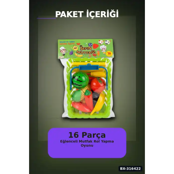 Kesilebilir Meyve Sebze Sepetli Oyun Seti - 16 Parça Eğitici Çocuk Oyuncak BX-316422