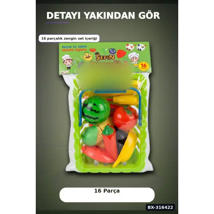 Kesilebilir Meyve Sebze Sepetli Oyun Seti - 16 Parça Eğitici Çocuk Oyuncak BX-316422