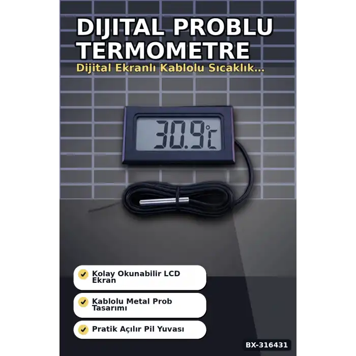 Dijital Termometre Problu Su Geçirmez Sıcaklık Ölçer Akvaryum ve Gıda Derecesi BX-316431