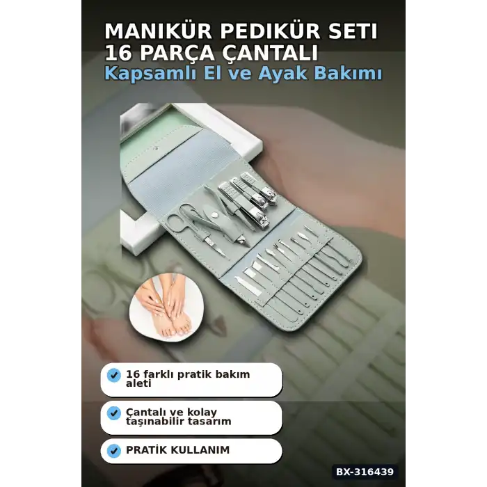 Manikür Pedikür Seti 16 Parça Paslanmaz Çelik El Ayak Tırnak Bakım Seti Çantalı BX-316439