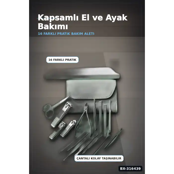 Manikür Pedikür Seti 16 Parça Paslanmaz Çelik El Ayak Tırnak Bakım Seti Çantalı BX-316439