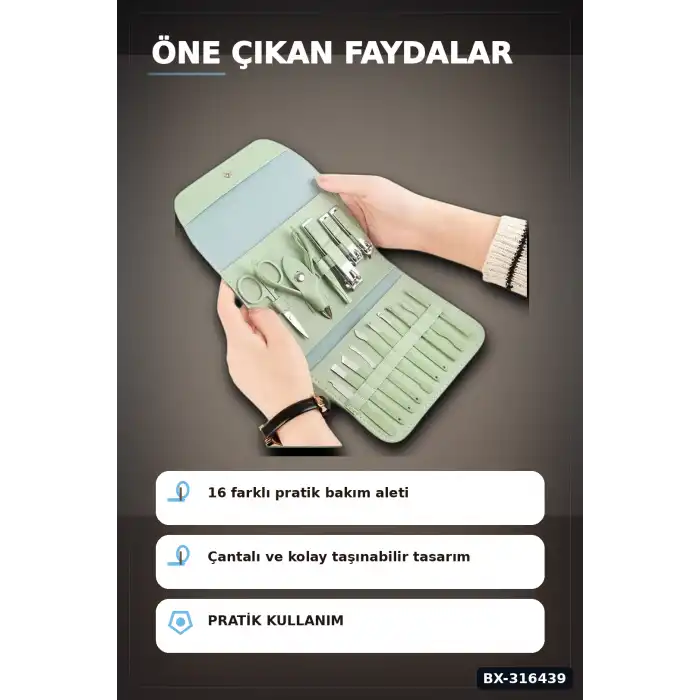 Manikür Pedikür Seti 16 Parça Paslanmaz Çelik El Ayak Tırnak Bakım Seti Çantalı BX-316439