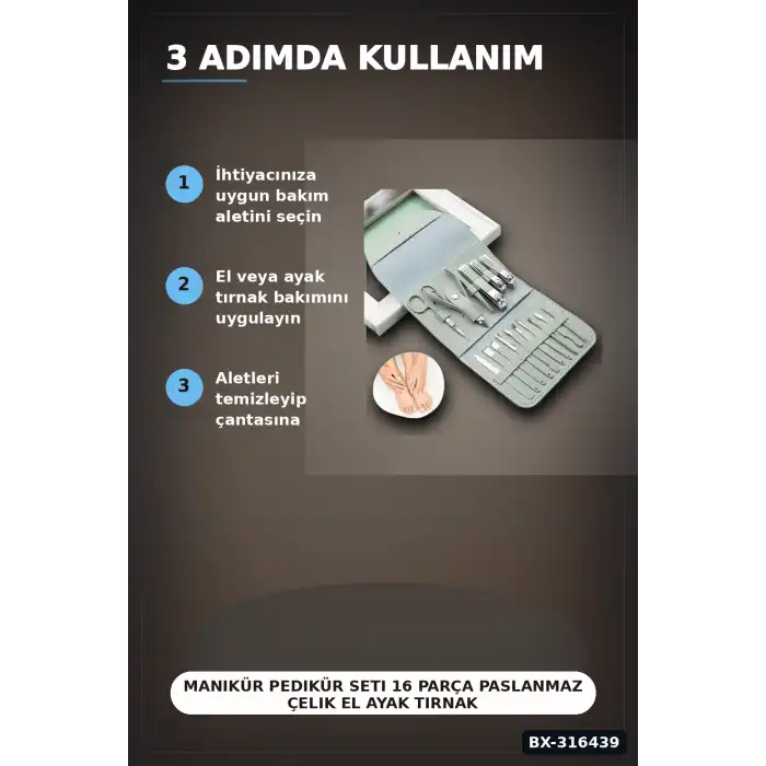 Manikür Pedikür Seti 16 Parça Paslanmaz Çelik El Ayak Tırnak Bakım Seti Çantalı BX-316439