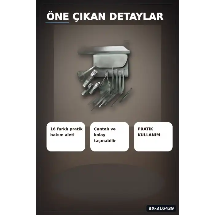 Manikür Pedikür Seti 16 Parça Paslanmaz Çelik El Ayak Tırnak Bakım Seti Çantalı BX-316439