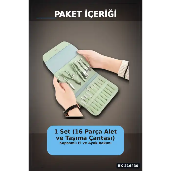 Manikür Pedikür Seti 16 Parça Paslanmaz Çelik El Ayak Tırnak Bakım Seti Çantalı BX-316439