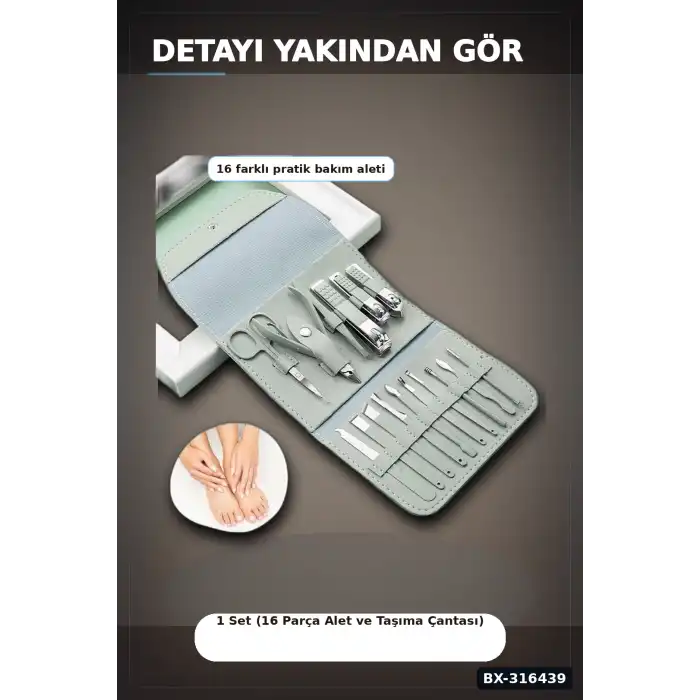 Manikür Pedikür Seti 16 Parça Paslanmaz Çelik El Ayak Tırnak Bakım Seti Çantalı BX-316439