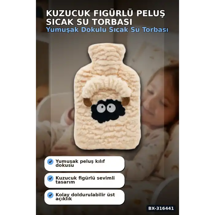 Peluş Sıcak Su Torbası 1 Lt - Kuzucuk Figürlü Yumuşak Kılıflı Termal Torba BX-316441