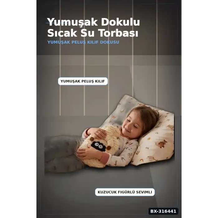 Peluş Sıcak Su Torbası 1 Lt - Kuzucuk Figürlü Yumuşak Kılıflı Termal Torba BX-316441
