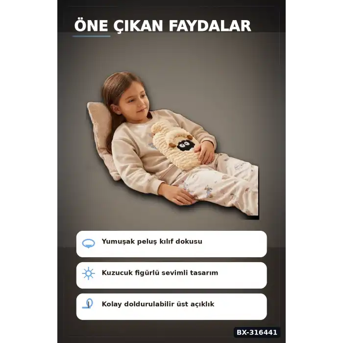 Peluş Sıcak Su Torbası 1 Lt - Kuzucuk Figürlü Yumuşak Kılıflı Termal Torba BX-316441