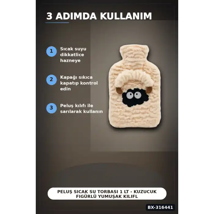 Peluş Sıcak Su Torbası 1 Lt - Kuzucuk Figürlü Yumuşak Kılıflı Termal Torba BX-316441