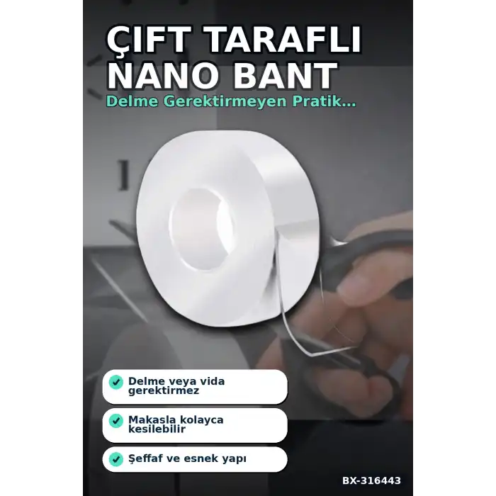 Nano Bant Çift Taraflı Su Geçirmez Güçlü Tutucu Montaj Bandı 2 m x 3 cm BX-316443