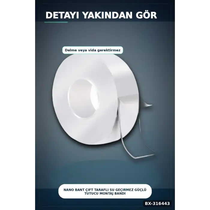 Nano Bant Çift Taraflı Su Geçirmez Güçlü Tutucu Montaj Bandı 2 m x 3 cm BX-316443