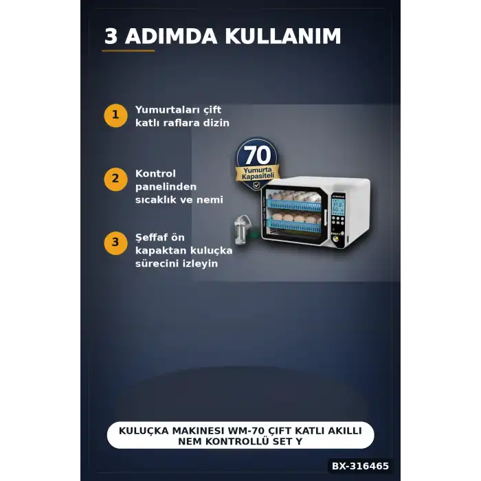 Kuluçka Makinesi WM-70 Çift Katlı Akıllı Nem Kontrollü Set Yedek Motor ve Suluk Dahil BX-316465