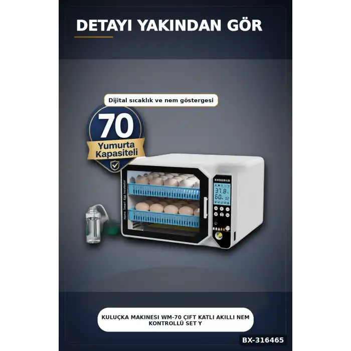 Kuluçka Makinesi WM-70 Çift Katlı Akıllı Nem Kontrollü Set Yedek Motor ve Suluk Dahil BX-316465