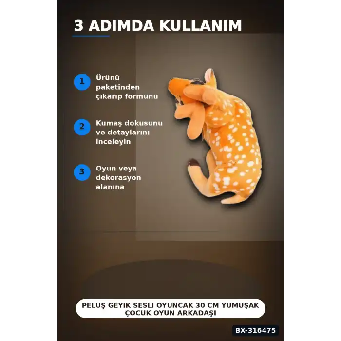 Peluş Geyik Sesli Oyuncak 30 cm Yumuşak Çocuk Oyun Arkadaşı Tekli Paket BX-316475