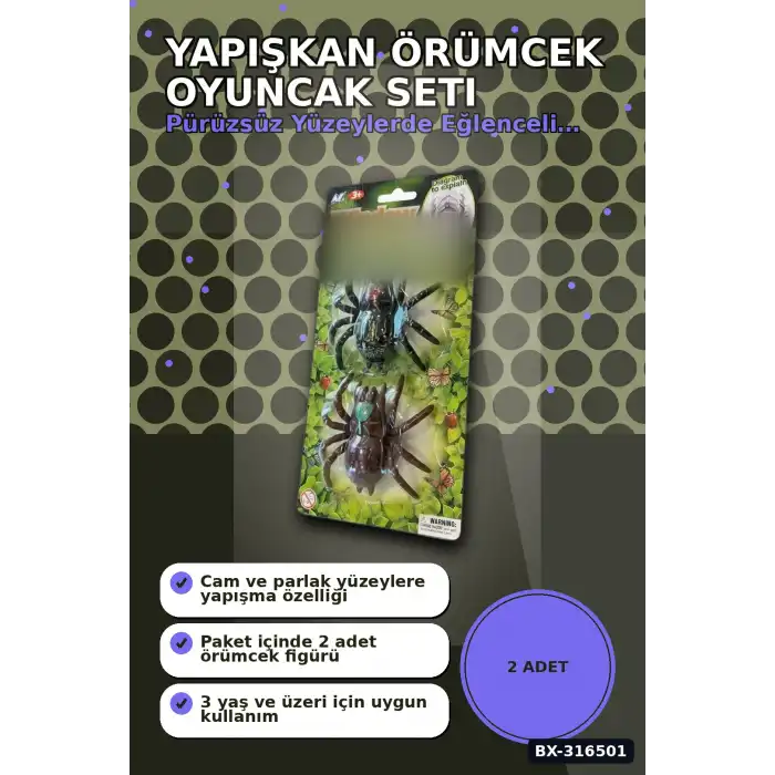 Yapışkan Örümcek Oyuncak Seti, 2 Adet Esnek Duvara Yapışan Figür Paketi BX-316501