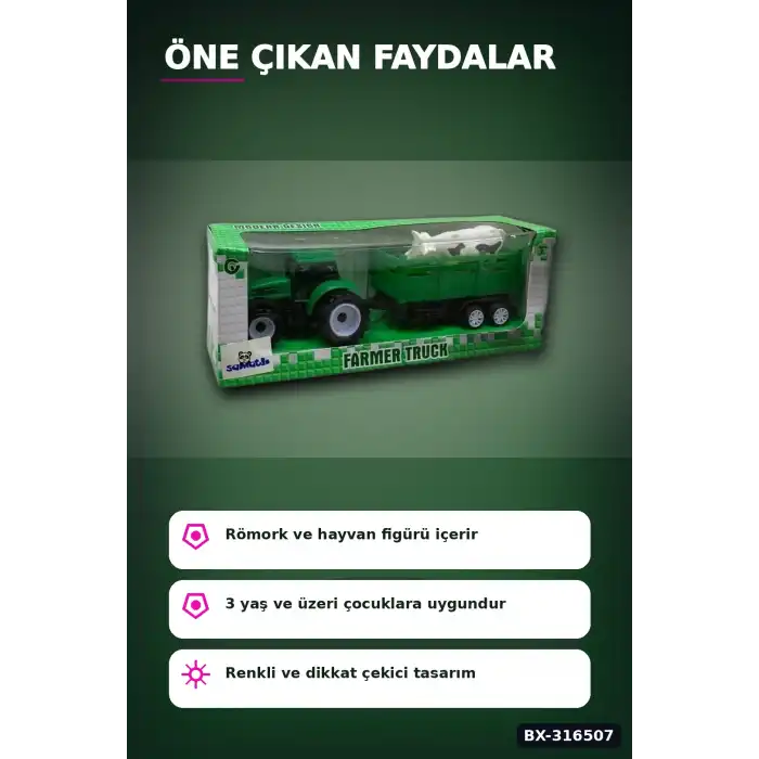 Römorklu Traktör Oyuncak Araç Tekli Paket - Çocuklar İçin Asorti Model BX-316507