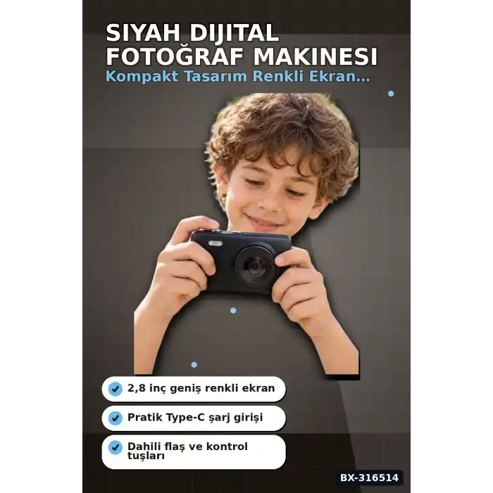 Dijital Fotoğraf Makinesi 2.8 İnç Ekranlı Type C Şarjlı Video Kamera Siyah BX-316514