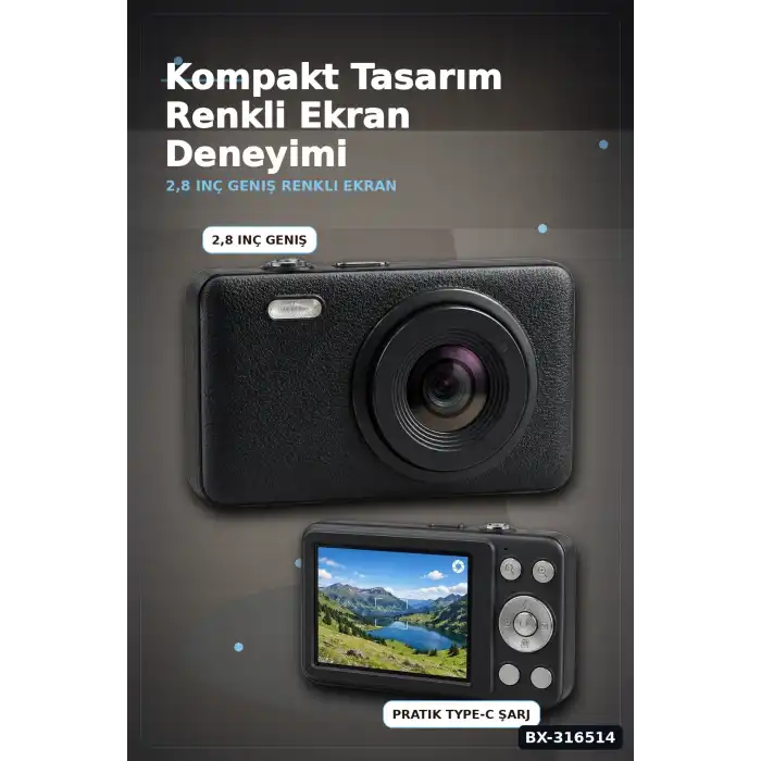 Dijital Fotoğraf Makinesi 2.8 İnç Ekranlı Type C Şarjlı Video Kamera Siyah BX-316514