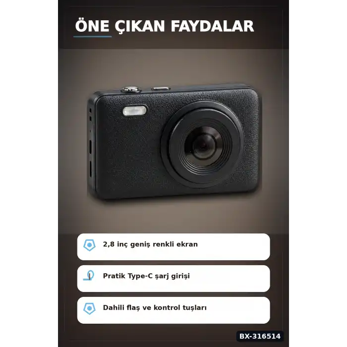 Dijital Fotoğraf Makinesi 2.8 İnç Ekranlı Type C Şarjlı Video Kamera Siyah BX-316514