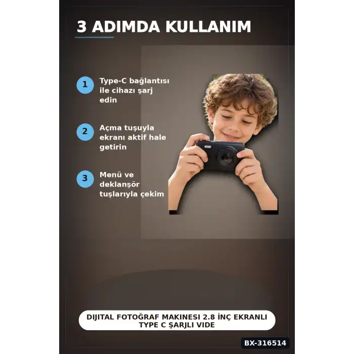 Dijital Fotoğraf Makinesi 2.8 İnç Ekranlı Type C Şarjlı Video Kamera Siyah BX-316514