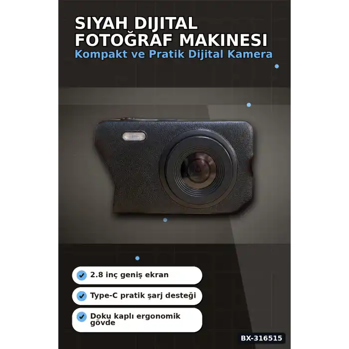 Dijital Fotoğraf Makinesi 2.8 Inç Ekranlı Type C Şarjlı Siyah Video Kamera BX-316515