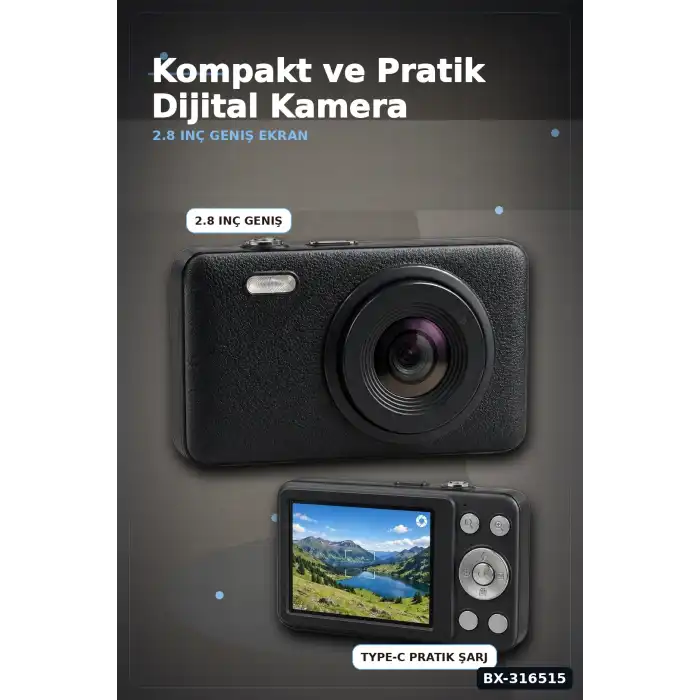 Dijital Fotoğraf Makinesi 2.8 Inç Ekranlı Type C Şarjlı Siyah Video Kamera BX-316515