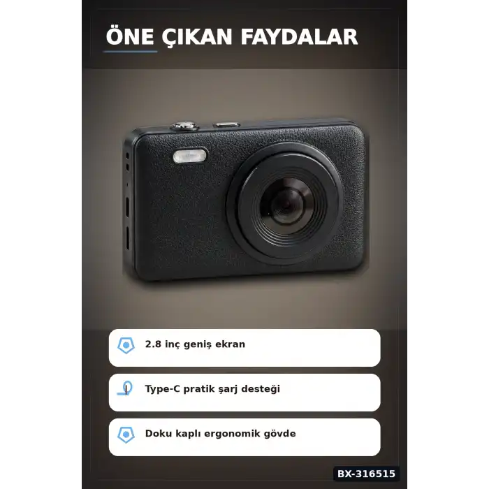 Dijital Fotoğraf Makinesi 2.8 Inç Ekranlı Type C Şarjlı Siyah Video Kamera BX-316515