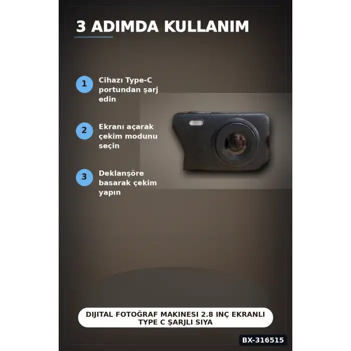 Dijital Fotoğraf Makinesi 2.8 Inç Ekranlı Type C Şarjlı Siyah Video Kamera BX-316515