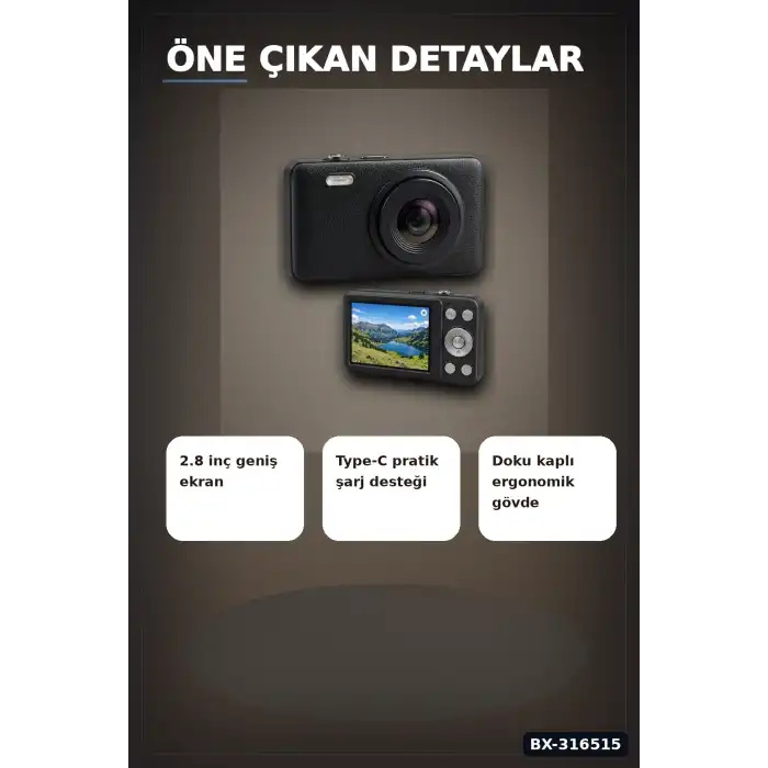 Dijital Fotoğraf Makinesi 2.8 Inç Ekranlı Type C Şarjlı Siyah Video Kamera BX-316515
