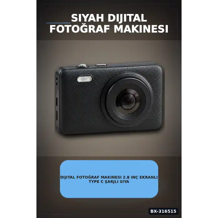 Dijital Fotoğraf Makinesi 2.8 Inç Ekranlı Type C Şarjlı Siyah Video Kamera BX-316515