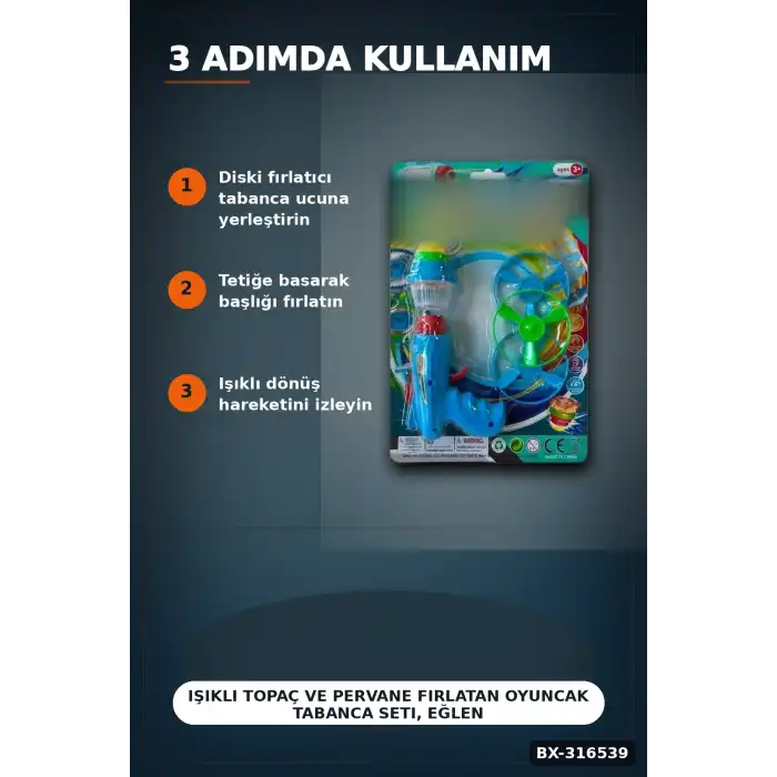 Işıklı Topaç ve Pervane Fırlatan Oyuncak Tabanca Seti, Eğlenceli Çocuk Oyunu BX-316539