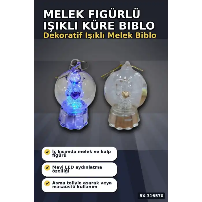 Melek Figürlü Işıklı Küre Biblo 9x6 cm - İpli Asılabilir Dekoratif Süs BX-316570