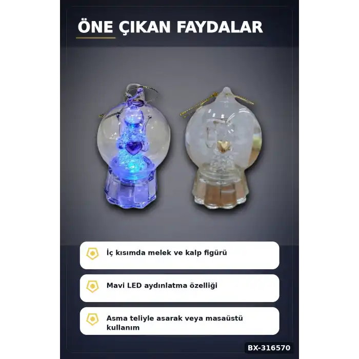 Melek Figürlü Işıklı Küre Biblo 9x6 cm - İpli Asılabilir Dekoratif Süs BX-316570