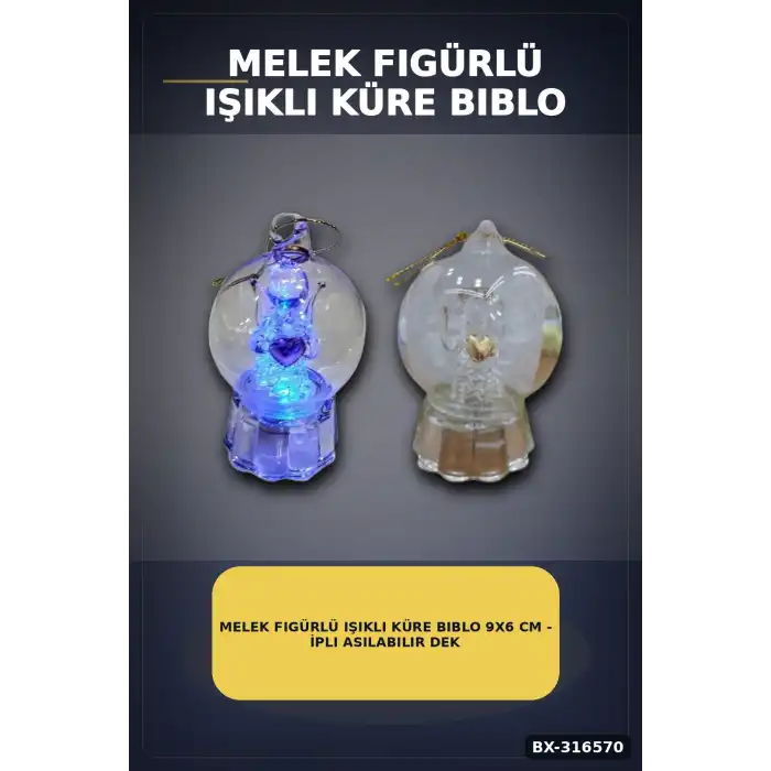 Melek Figürlü Işıklı Küre Biblo 9x6 cm - İpli Asılabilir Dekoratif Süs BX-316570
