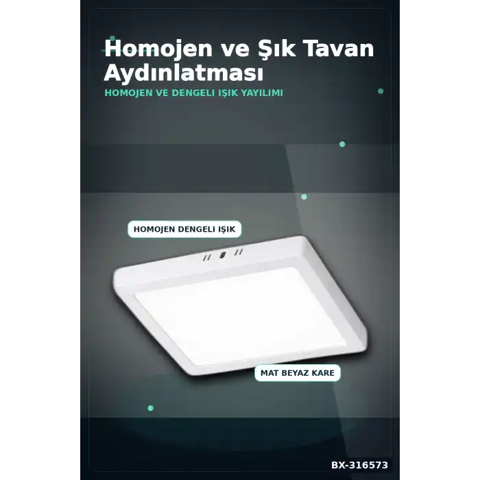 Kare Sıva Üstü LED Panel Armatür 25W 6400K Beyaz Işık 21 cm Tavan Lambası BX-316573